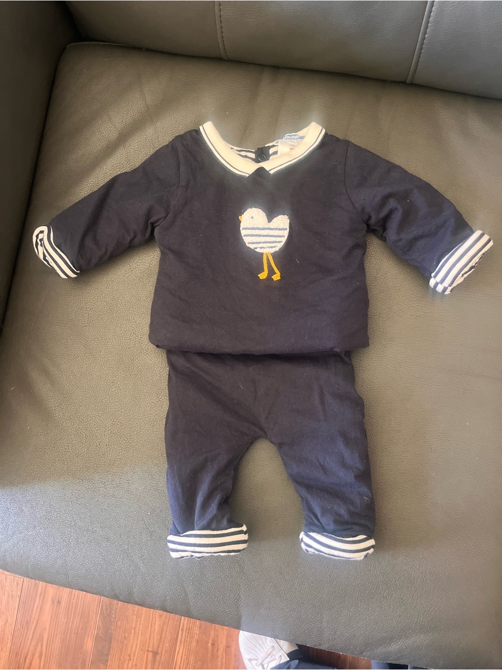 Jacadi Navy Blue Baby Matching Set with Striped Chick Accent newborn 0-3